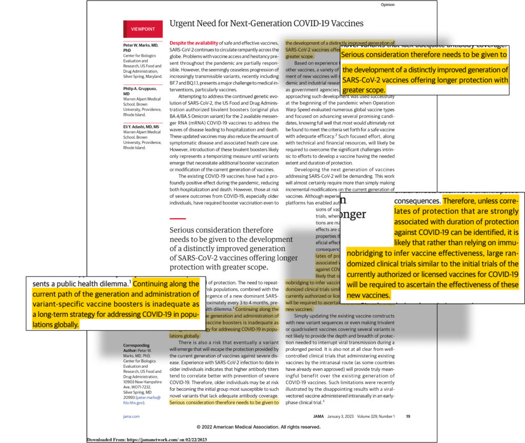 Urgent Need for Next-Generation COVID-19 Vaccines - Page 1 - Highlighted Text: Continuing along the current path of the generation and administration of variant-specific vaccine boosters is inadequate as a long-term strategy for addressing COVID-19 in popu- lations globally.

Serious consideration therefore needs to be given to the development of a distinctly improved generation of SARS-CoV-2 vaccines offering longer protection with greater scope.

Therefore, unless corre-
of SARS-CoV-2 vaccines offering longer protection with greater scope.
lates of protection that are strongly associated with duration of protection against COVID-19 can be identified, it is likely that rather than relying on immunobridging to infer vaccine effectiveness, large ran- domized clinical trials similar to the initial trials of the currently authorized or licensed vaccines for COVID-19 will be required to ascertain the effectiveness of these new vaccines.